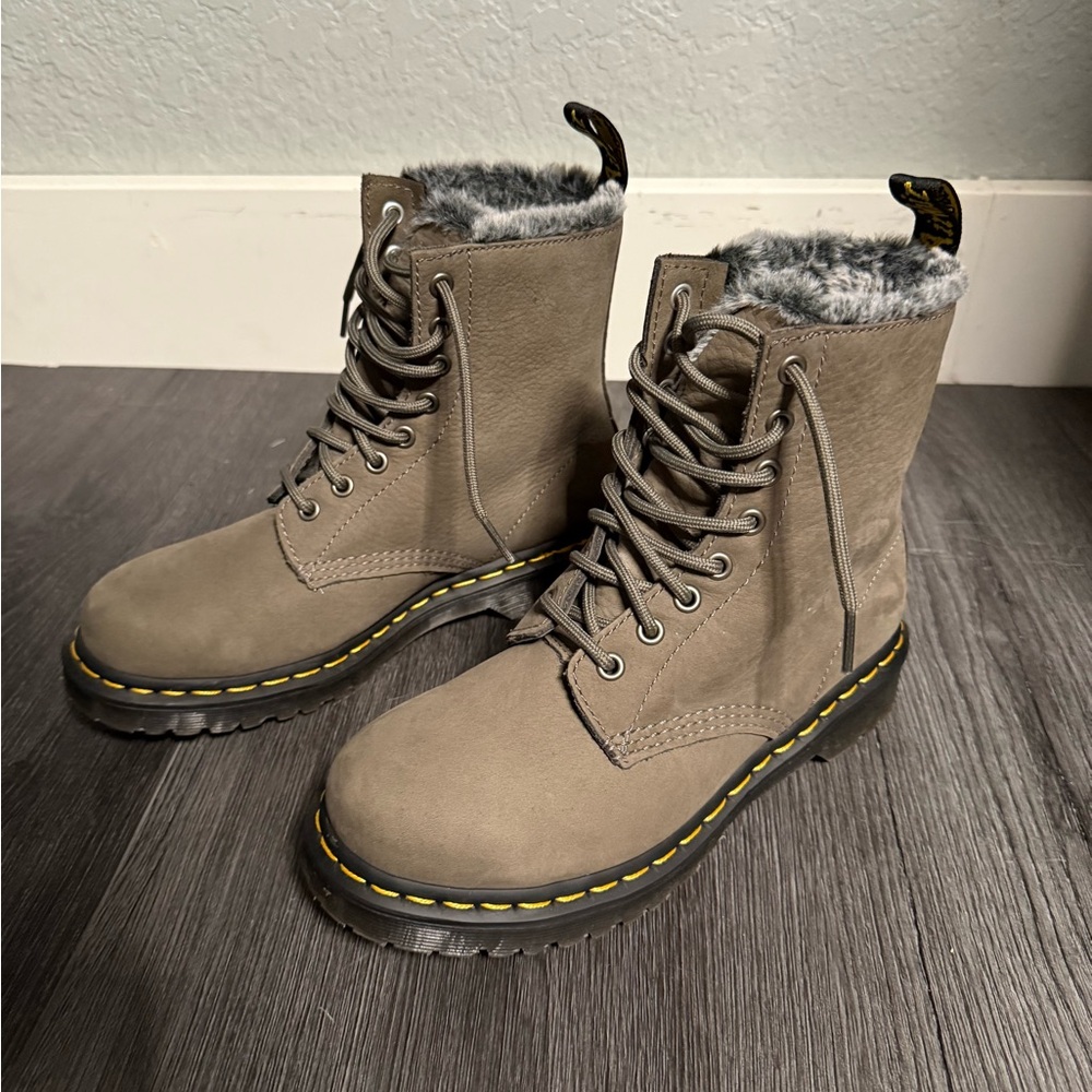 Dr. Martens Taupe Fur-Lined Combat Boots